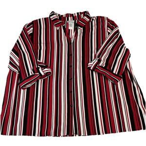 CATHERINES Plus 3X 26/28W Red Blk White Stripes Button Up Stretch Career Church